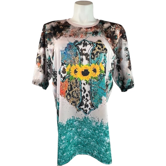 New Western Christian Cross Crucifix T-Shirt Top 2X Sunflower Cowhide - Picture 3 of 8